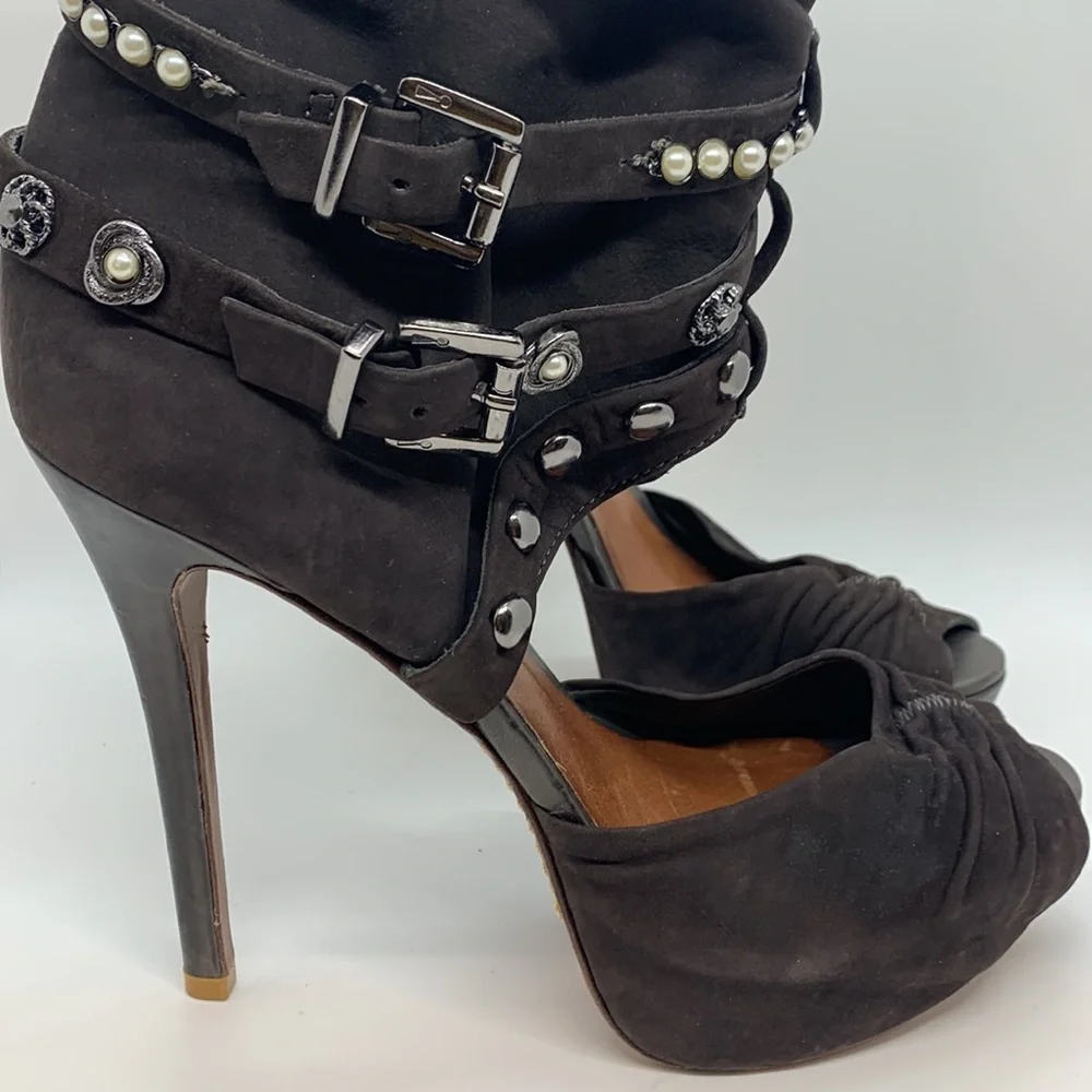 Schutz *Flawed Open Peep Toe Platform Heels Brown 10B Buckle Stud Pearl Accents